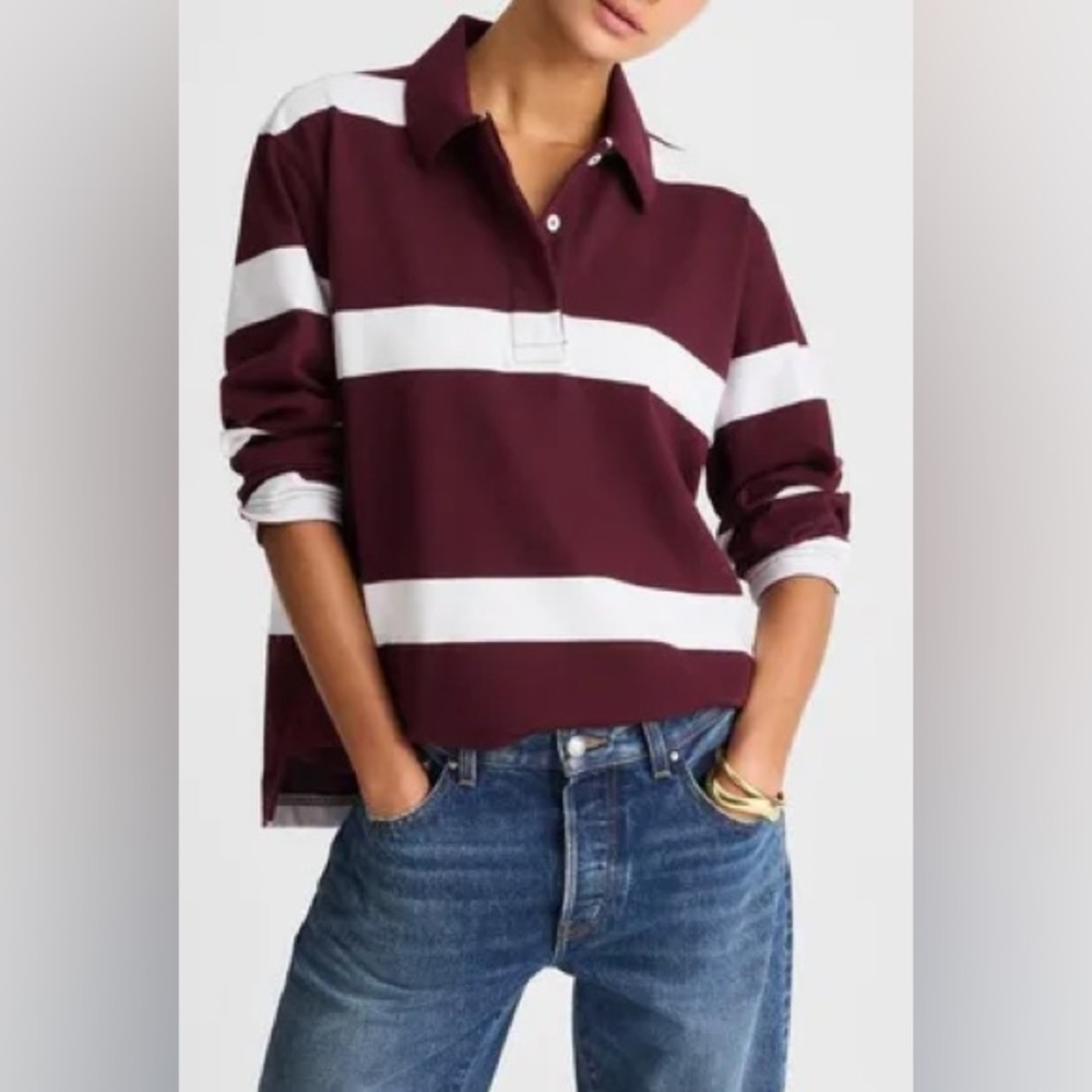 Madewell Burgundy and White Striped Rugby Polo